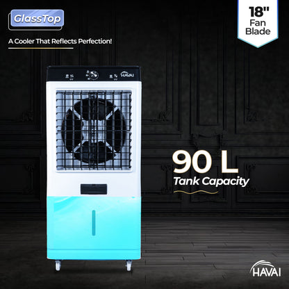 HAVAI Premium Glass Top GT 18 Air Cooler | 90L Tank Capacity | 18&quot; Fan Blade | 250W Power | 75ft Air Throw | 3-Side Honeycomb Cooling | Sleek Glass Top Design | 4 Castor Wheels