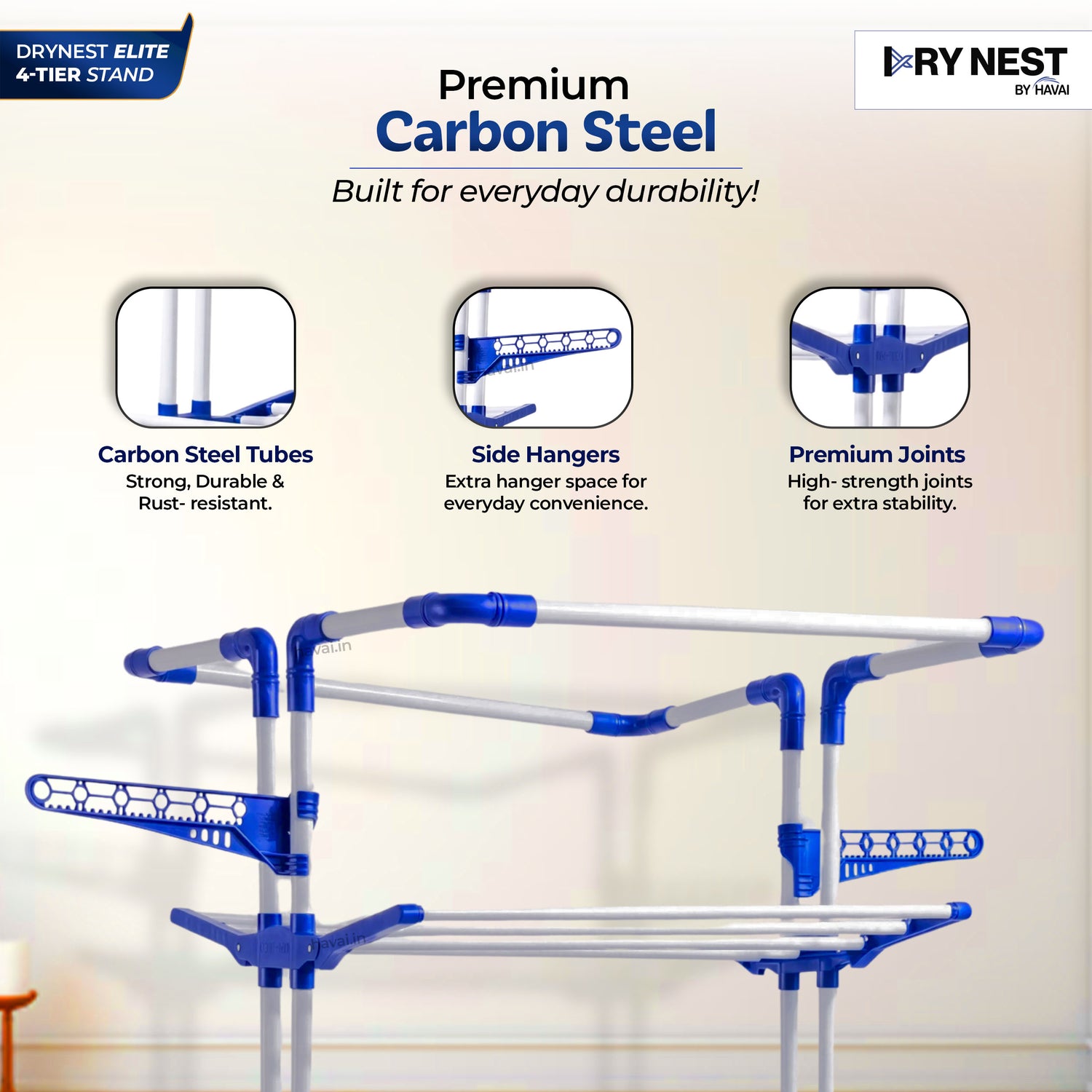 HAVAI Premium 4 Tier Stainless Steel Foldable Clothes Drying Stand with 6 Wheels | Heavy Duty Laundry Drying Rack for Indoor &amp; Outdoor Use | Rust Resistant | Space Saving Design