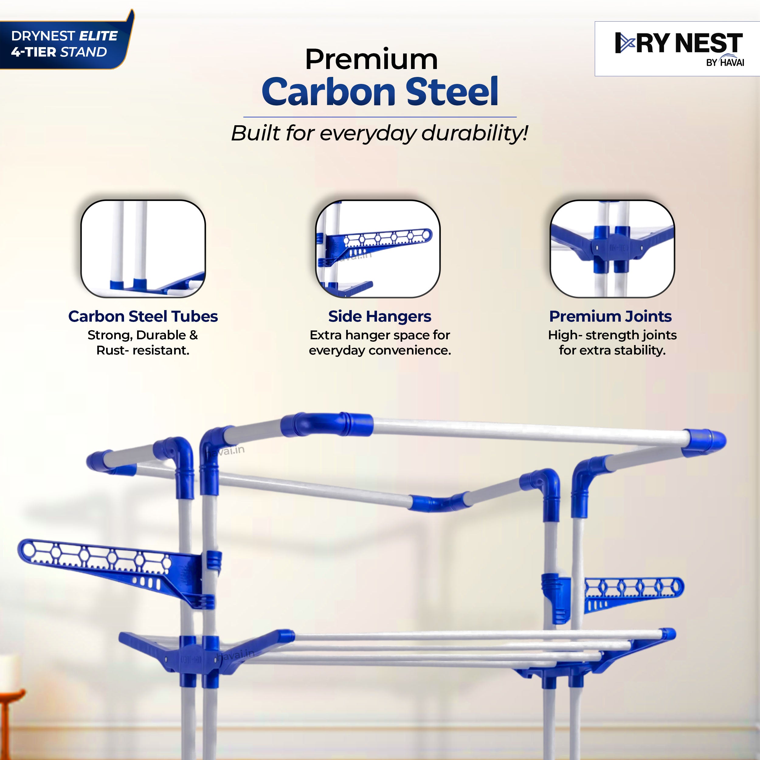 HAVAI Premium 4 Tier Stainless Steel Foldable Clothes Drying Stand with 6 Wheels | Heavy Duty Laundry Drying Rack for Indoor &amp; Outdoor Use | Rust Resistant | Space Saving Design