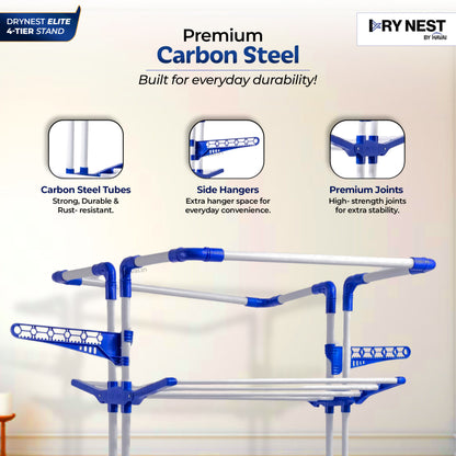 HAVAI Premium 4 Tier Stainless Steel Foldable Clothes Drying Stand with 6 Wheels | Heavy Duty Laundry Drying Rack for Indoor &amp; Outdoor Use | Rust Resistant | Space Saving Design