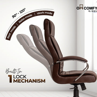 Nova High Back Office Chair | Premium Leather | Ergonomic Executive Chair with Single Lock Tilt Mechanism |  Chrome Steel Base &amp; Arms | Class 4 Gaslift | 50mm Casters  | High-Density Cushioned Seat &amp; Back (Brown)