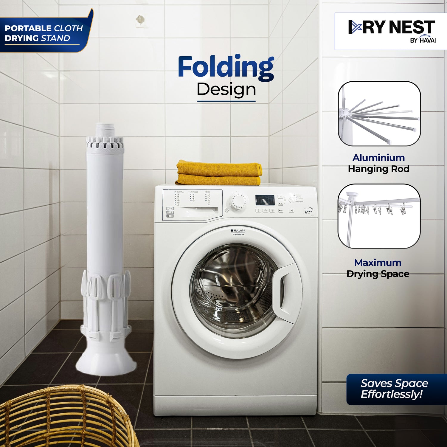 HAVAI Octopus Foldable Rotating Cloth Drying Rack | 360° Multi-Layer Laundry Stand with Lockable Wheels &amp; Strong Load Capacity | Space-Saving Indoor/Outdoor Clothes Hanger for Home Balcony (White)