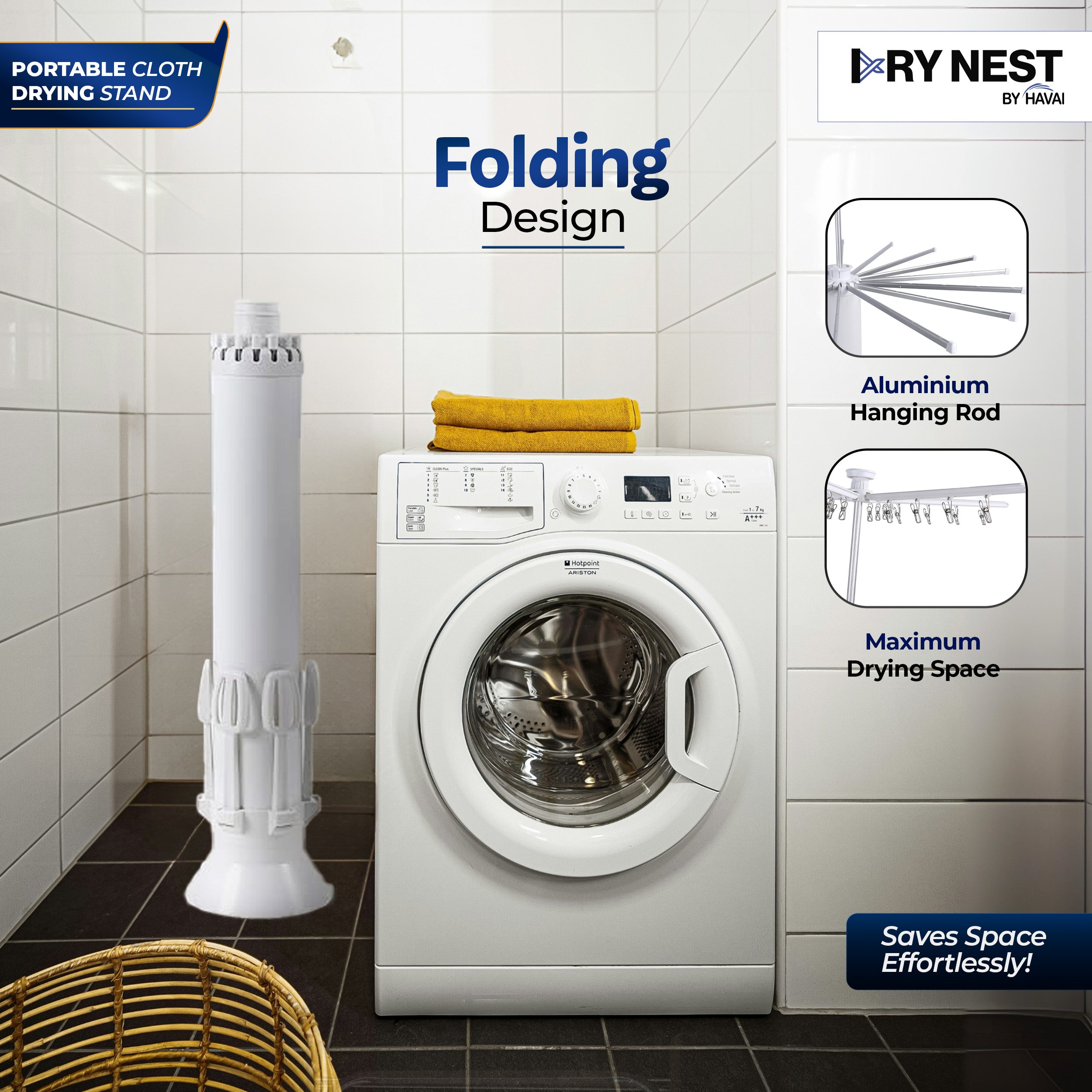 HAVAI Octopus Foldable Rotating Cloth Drying Rack | 360° Multi-Layer Laundry Stand with Lockable Wheels &amp; Strong Load Capacity | Space-Saving Indoor/Outdoor Clothes Hanger for Home Balcony (White)