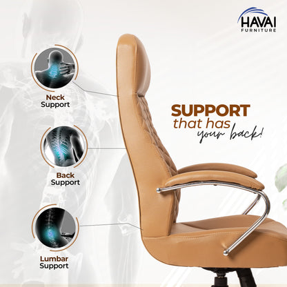 HAVAI Prime High Back Office Chair | Ergonomic Executive Chair |  Premium Leather | Single Lock Tilt Mechanism |  Mild Steel Chrome Base &amp; Arms | Class 4 Gaslift |  50mm Casters | High-Density Back &amp; Seat Cushion (Camel)