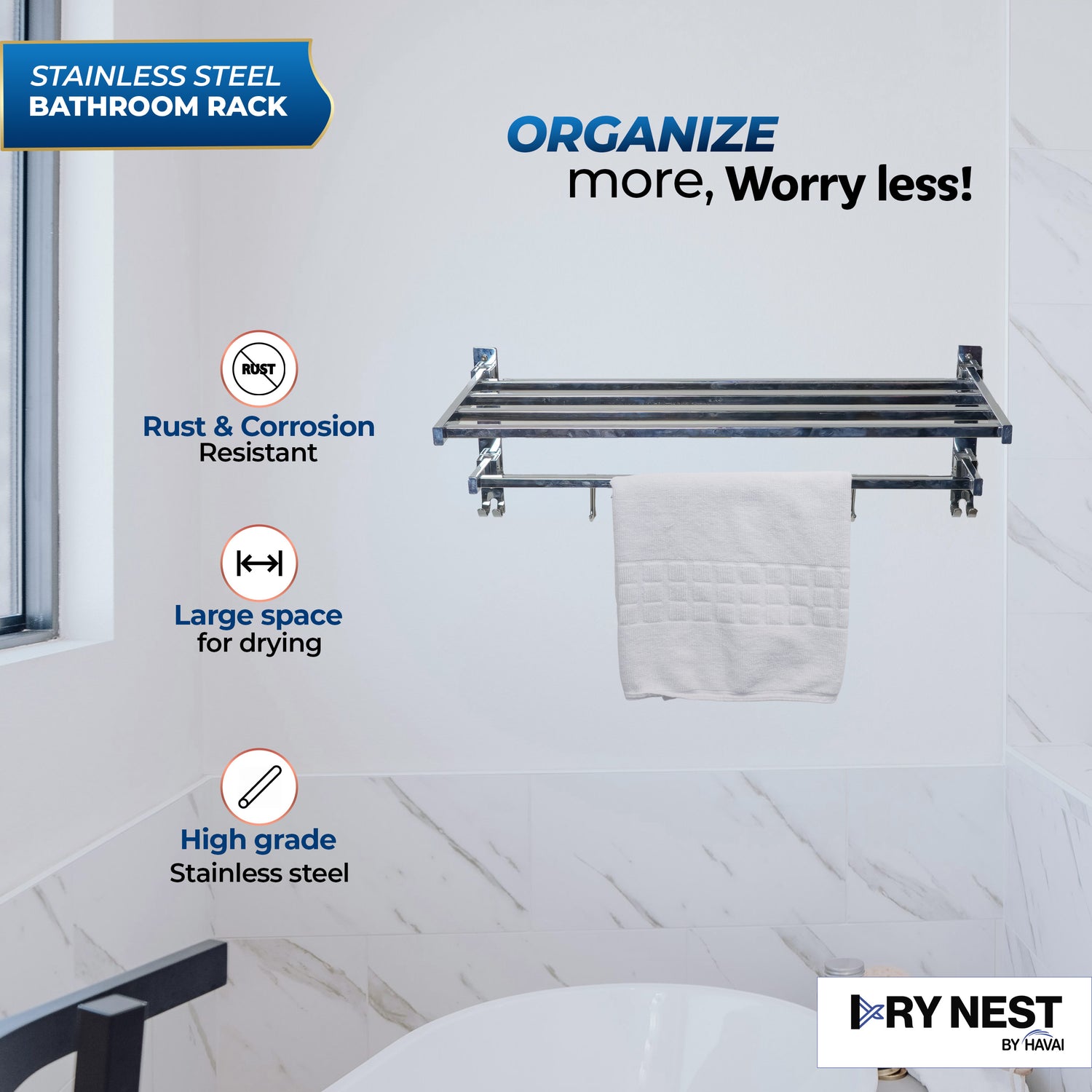 HAVAI Foldable Wall Mounted Bathroom Rack | Heavy Duty Steel Towel Shelf &amp; Storage Organizer | 0.9 KG Strong &amp; Durable
