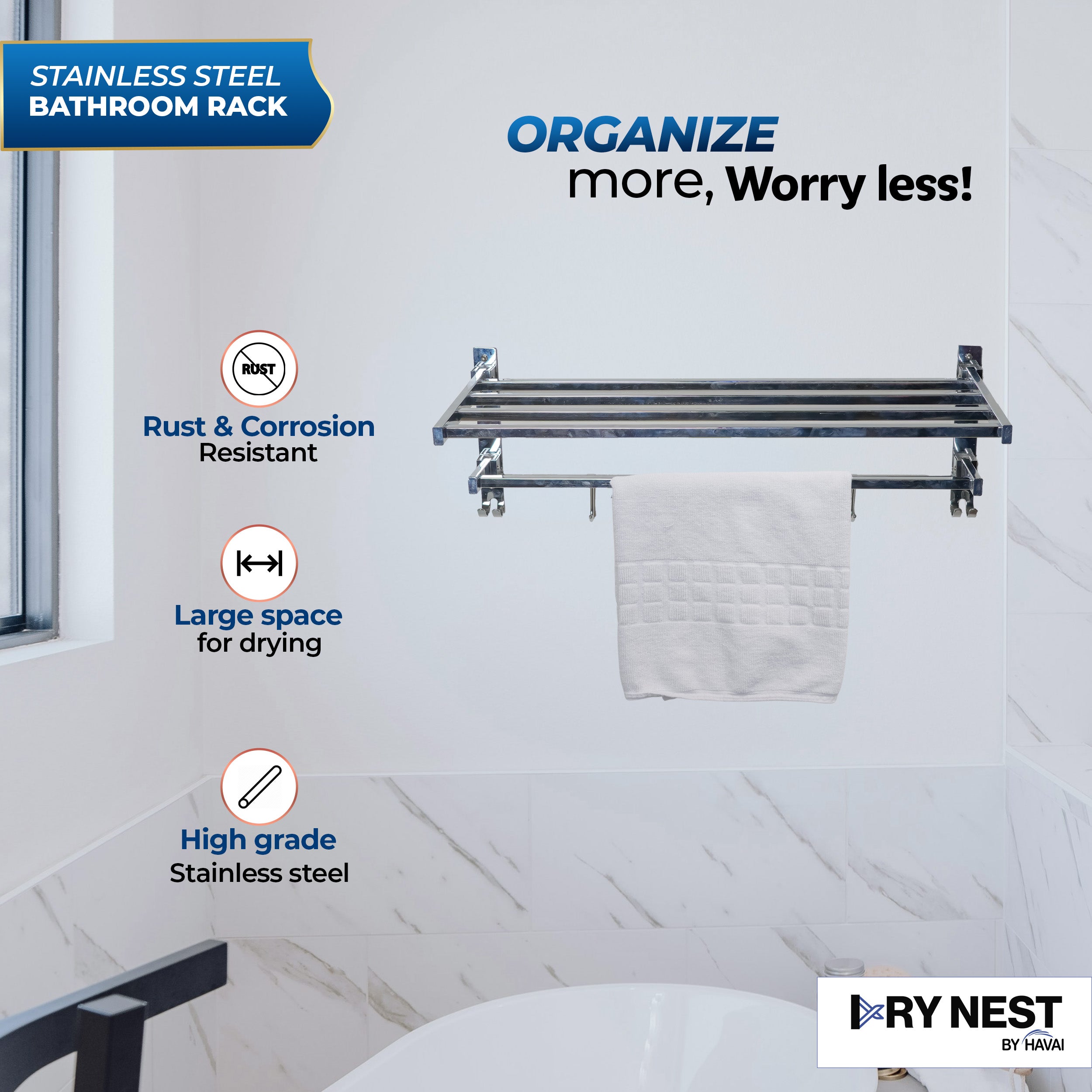 HAVAI Foldable Wall Mounted Bathroom Rack | Heavy Duty Steel Towel Shelf &amp; Storage Organizer | 0.9 KG Strong &amp; Durable