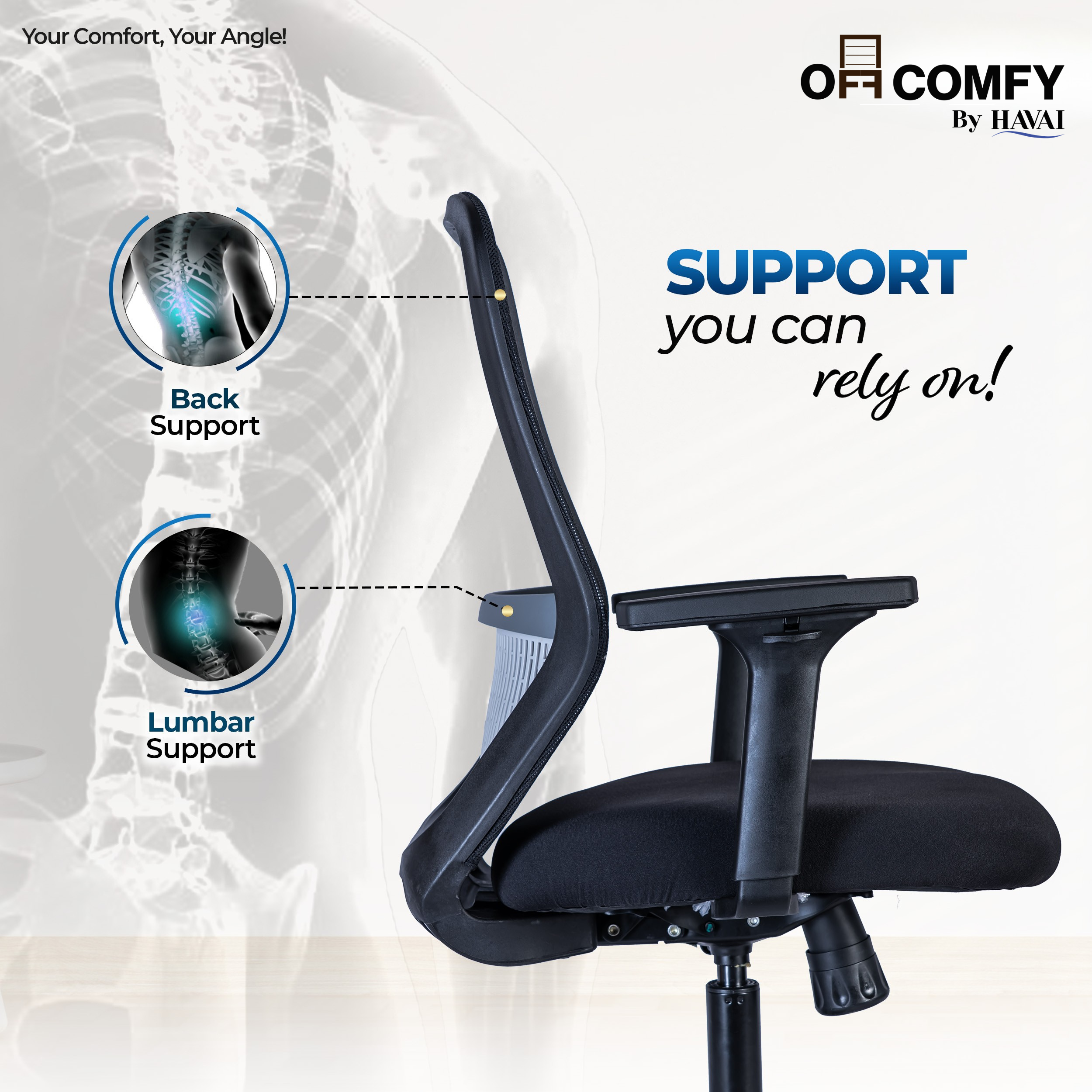 HAVAI Off-Comfy Luna Black Ergonomic Office Chair | Yuva Mesh Back | 2D Arms with TPU Pad | Synchro Tilt with Lock | Class 4 Samhongsa Gaslift | Claw Chrome Base | 60mm Castors(Black)