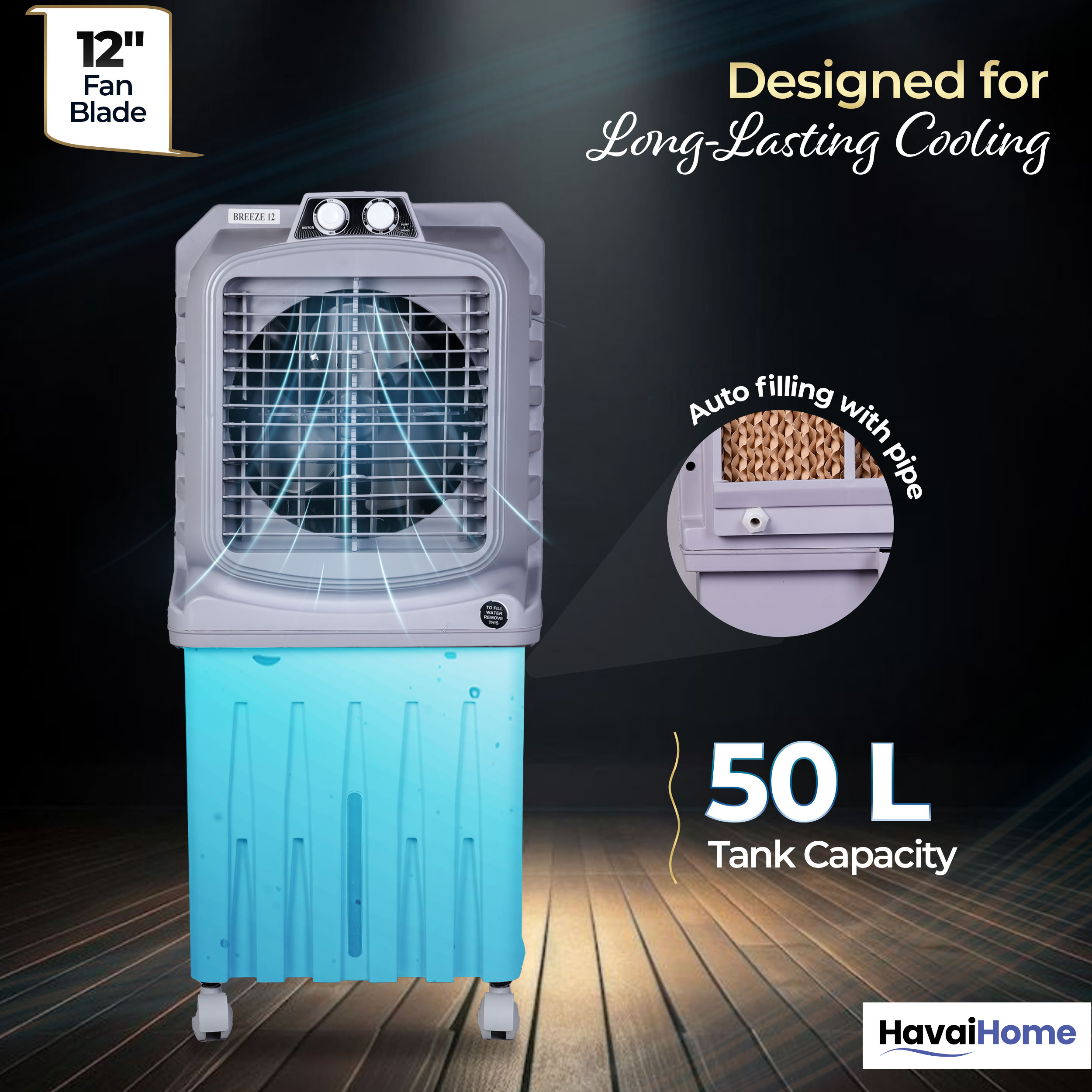 HAVAI Breeze-12 Personal Air Cooler | 50L Tank | 12″ Blade | Ideal for 100 sq ft Rooms | 98W Power | 8 ft Air Throw | 2600 RPM | Auto-Louver | 3-Speed | 1-Year On-Site Warranty (Grey)