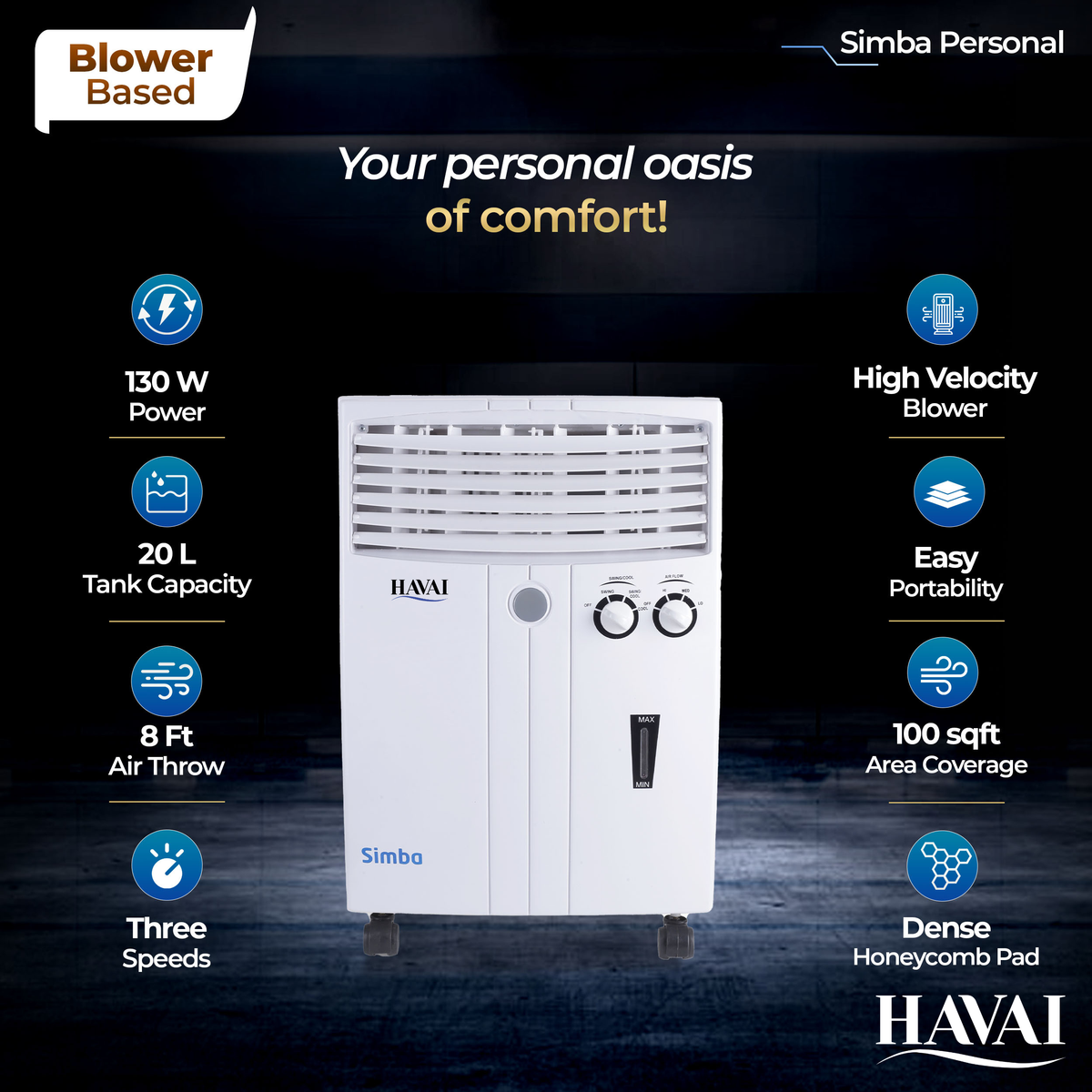 HAVAI Simba Personal Cooler with Blower - 20L, White