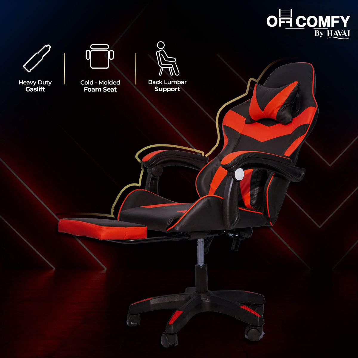 HAVAI Vortex Red Gaming Chair | Ergonomic High Back Computer Chair with Linkage Armrests | Reclining &amp; Folding Backrest | Premium 0.55mm PVC Upholstery | High Density Foam Cushion | Class 1 Gas Lift | 320mm Nylon Base | Heavy Duty Wheels | (Red &amp; Black)