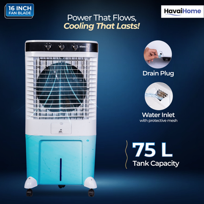 HAVAI Arizona 16 80L Desert Air Cooler with Ice Chamber | 16-Inch Aerodynamic Blade | 3-Side Thick Honeycomb Pads | 5 Castors for Extra Stability | 3300 m³/hr Air Delivery | 20 Ft Air Throw | 1 Year On-Site Warranty