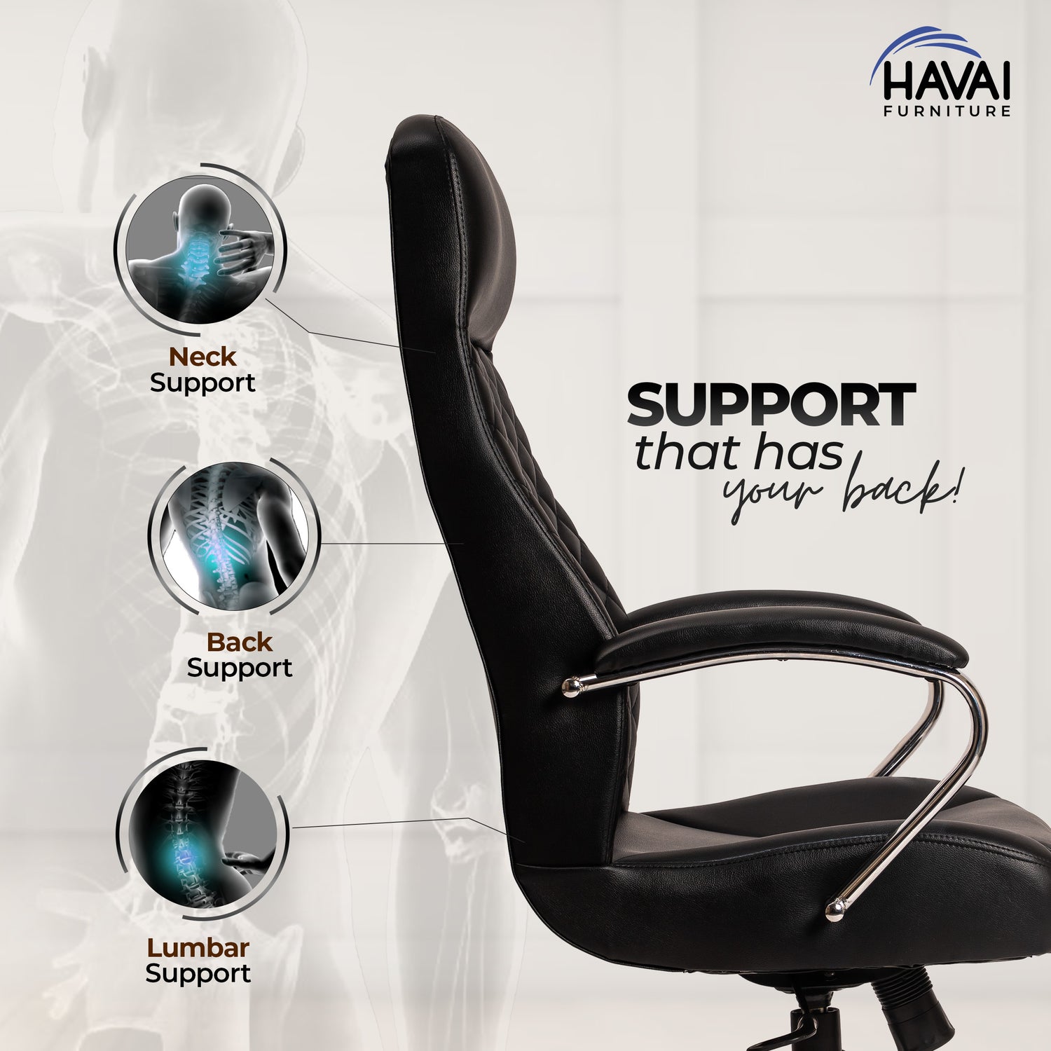 HAVAI Prime High Back Office Chair | Ergonomic Executive Chair |  Premium Leather | Single Lock Tilt Mechanism |  Mild Steel Chrome Base &amp; Arms | Class 4 Gaslift |  50mm Casters | High-Density Back &amp; Seat Cushion (Black)