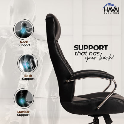 HAVAI Prime High Back Office Chair | Ergonomic Executive Chair |  Premium Leather | Single Lock Tilt Mechanism |  Mild Steel Chrome Base &amp; Arms | Class 4 Gaslift |  50mm Casters | High-Density Back &amp; Seat Cushion (Black)