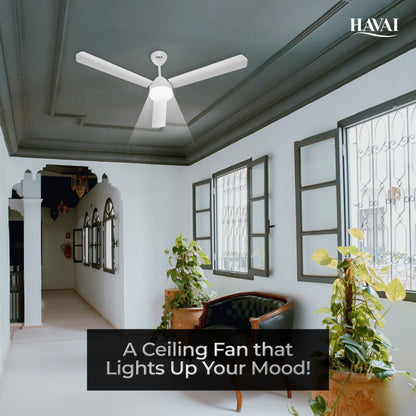 HAVAI Spinel BLDC Ceiling Fan 28W, 1200mm Blade with Remote - Pearl White,9W LED Light