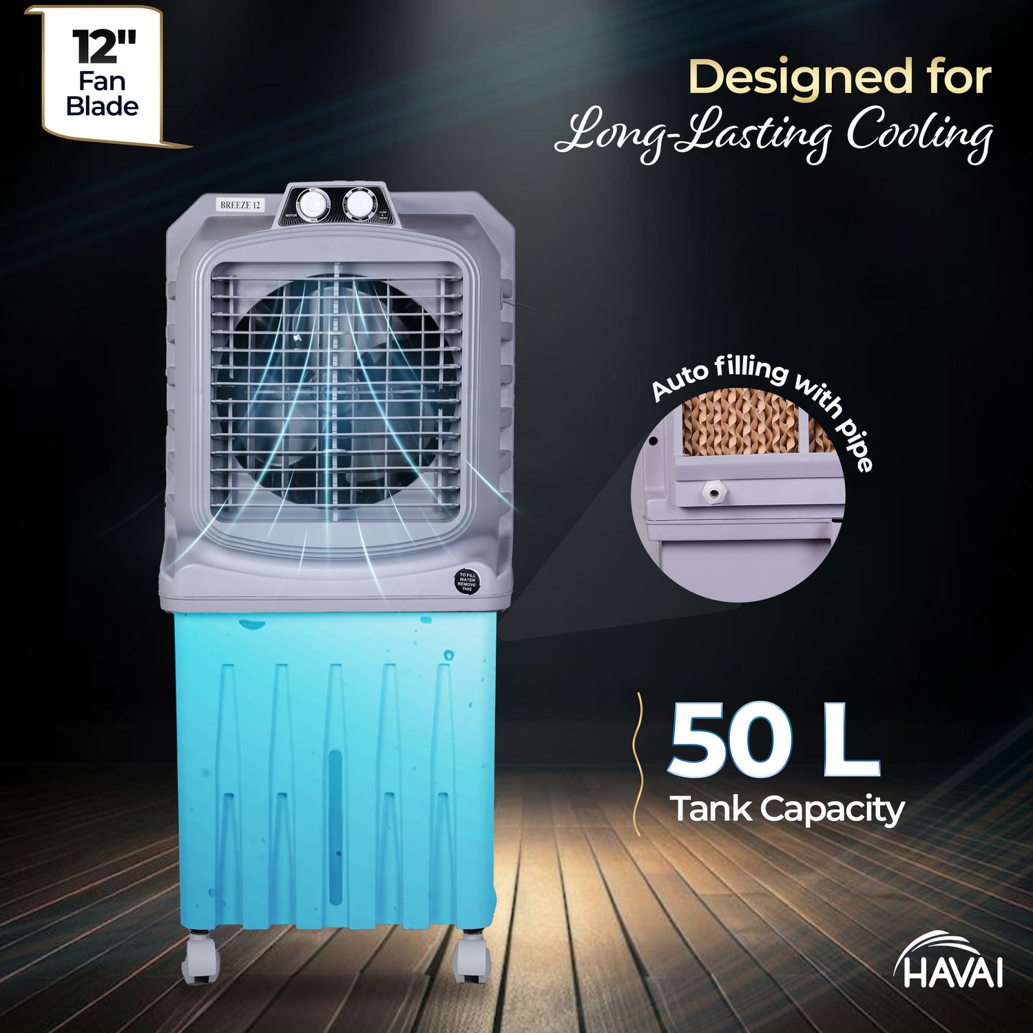 HAVAI Breeze-12 Personal Air Cooler | 50L Tank | 12″ Blade | Ideal for 100 sq ft Rooms | 98W Power | 8 ft Air Throw | 2600 RPM | Auto-Louver | 3-Speed | 1-Year On-Site Warranty (Grey)