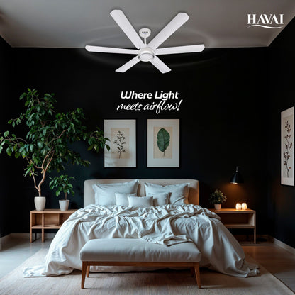 HAVAI Spinel BLDC Ceiling Fan with Decorative Ring | 1200mm, 6 Blades, 25W | Remote Control &amp; 9W LED Light | 2 Years Warranty | Pearl White
