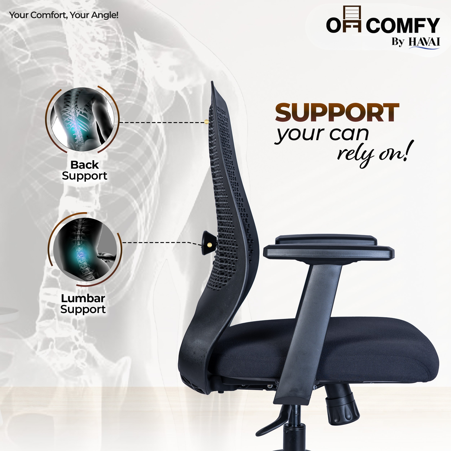 Off-Comfy Hive Black Ergonomic Office Chair | 1D Adjustable Lumbar | Fixed Arms with PP Pad | Synchro Tilt &amp; Lock |Class 4 Gaslift | Nylon Base | 60mm Castors