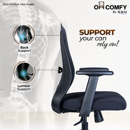 Off-Comfy Hive Black Ergonomic Office Chair | 1D Adjustable Lumbar | Fixed Arms with PP Pad | Synchro Tilt &amp; Lock |Class 4 Gaslift | Nylon Base | 60mm Castors