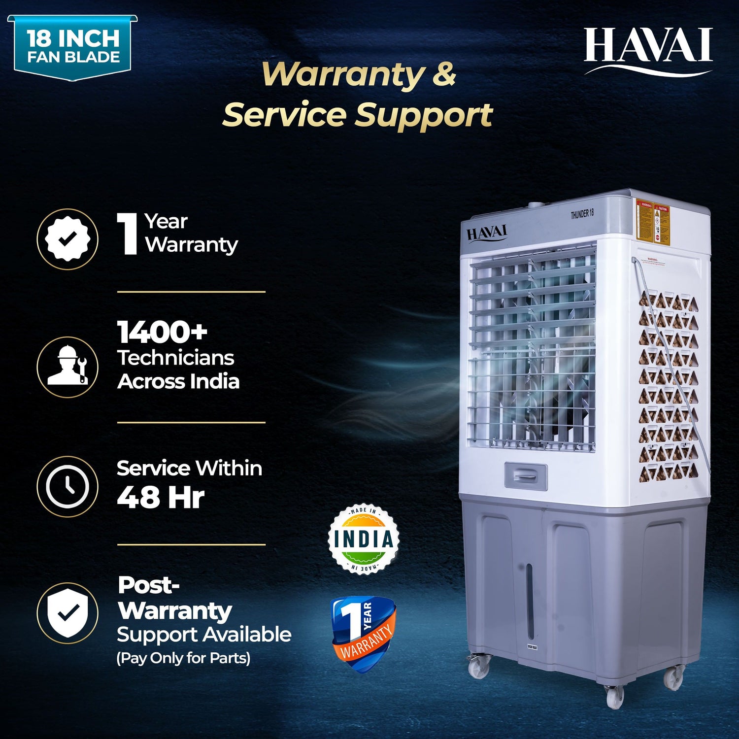 HAVAI Thunder 18 Desert Cooler | 18” Heavy-Duty Aluminium Fan Blade | 110 Dia 35mm Powerful Motor | Auto Swing | 3-Side Honeycomb Pads | 20 Ft Air Throw | 100L Tank | 1-Year Motor Warranty + Post-Warranty Support | White &amp; Grey