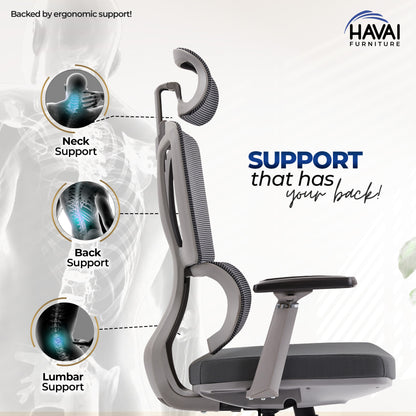HAVAI Flexi High Back Black Mesh Ergonomic Office Chair |  Multi-Lock Synchro Tilt | Aluminium Base | Class 4 Gaslift | Seat Slider | 3D Adjustable Armrests | 50mm Casters | Premium Mesh Back &amp; Fabric Seat(Grey)