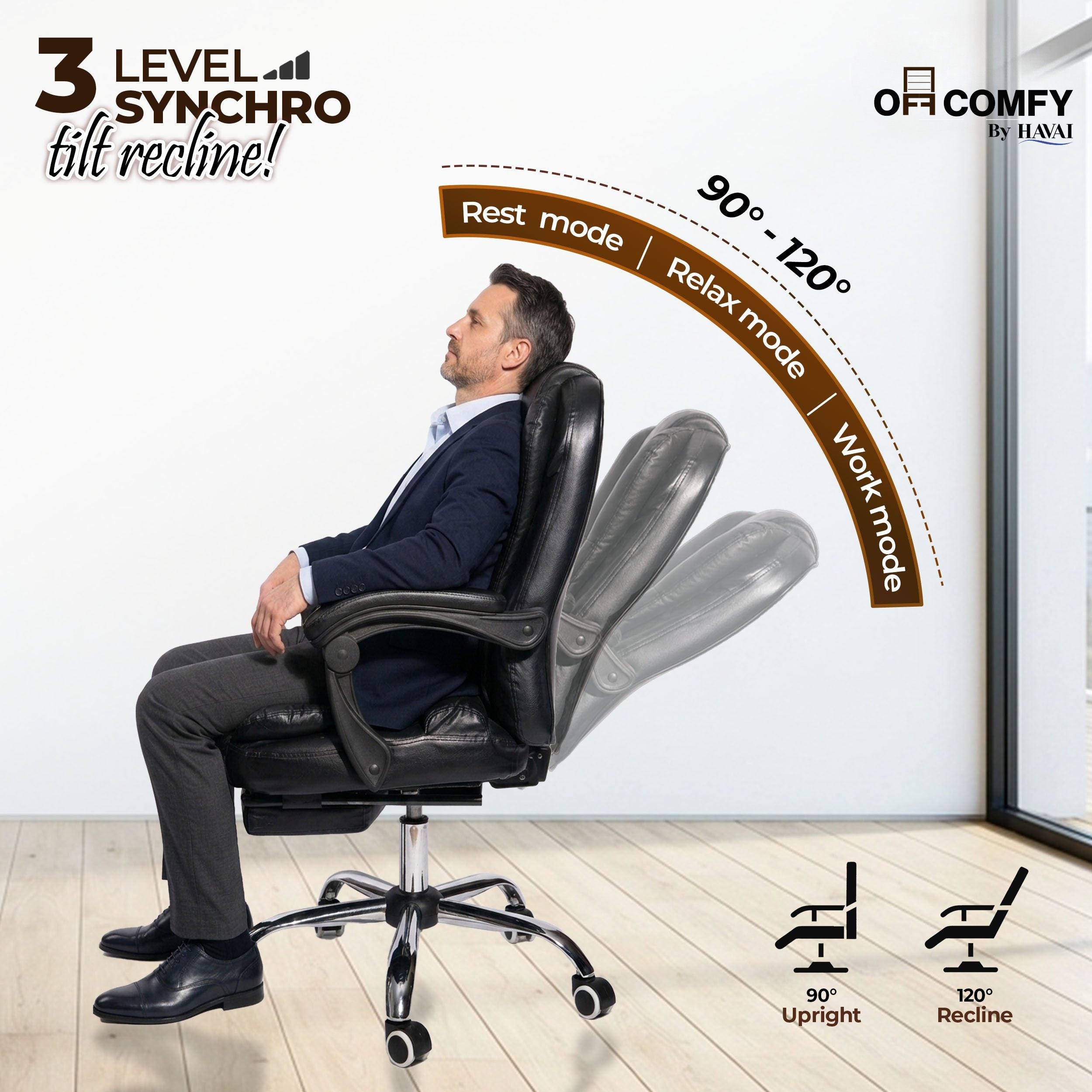 HAVAI Comfexa Executive Office Chair | Premium Recliner Chair with Footrest | Ergonomic High Back Cushion | PVC Leather Finish | Reclining &amp; Folding Mechanism | Class 2 Gas Lift | Nylon Base | Heavy Duty Office &amp; WFH Chair | Black