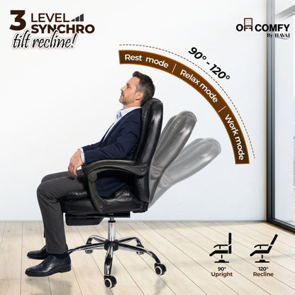 HAVAI Comfexa Executive Office Chair | Premium Recliner Chair with Footrest | Ergonomic High Back Cushion | PVC Leather Finish | Reclining &amp; Folding Mechanism | Class 2 Gas Lift | Nylon Base | Heavy Duty Office &amp; WFH Chair | Black