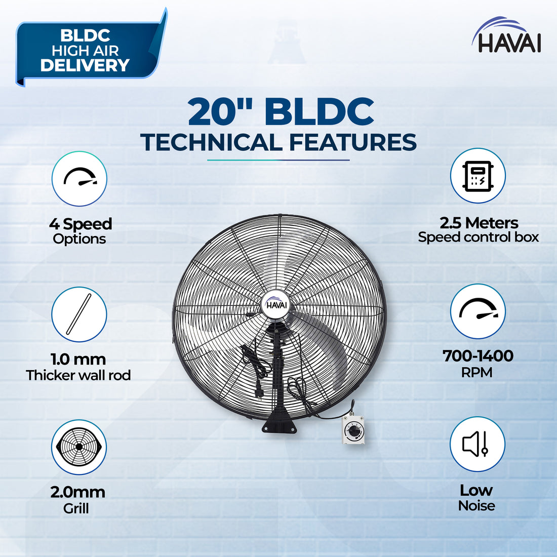 HAVAI 20&quot; BLDC High-Speed Wall-Mount Fan – 3-Blade Design, Energy Efficient (20W-120W), 700-1400 RPM, 11,000 M³/Hr Airflow, 45-Foot Air Throw, 4-Speed Control, 2-Year Warranty