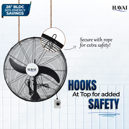 BLDC Wall Mount Fan 26 inch, 50% Savings on Electricity, High Velocity, Heavy Duty Metal for Industrial, Commercial and Residential Use, Assembly Included