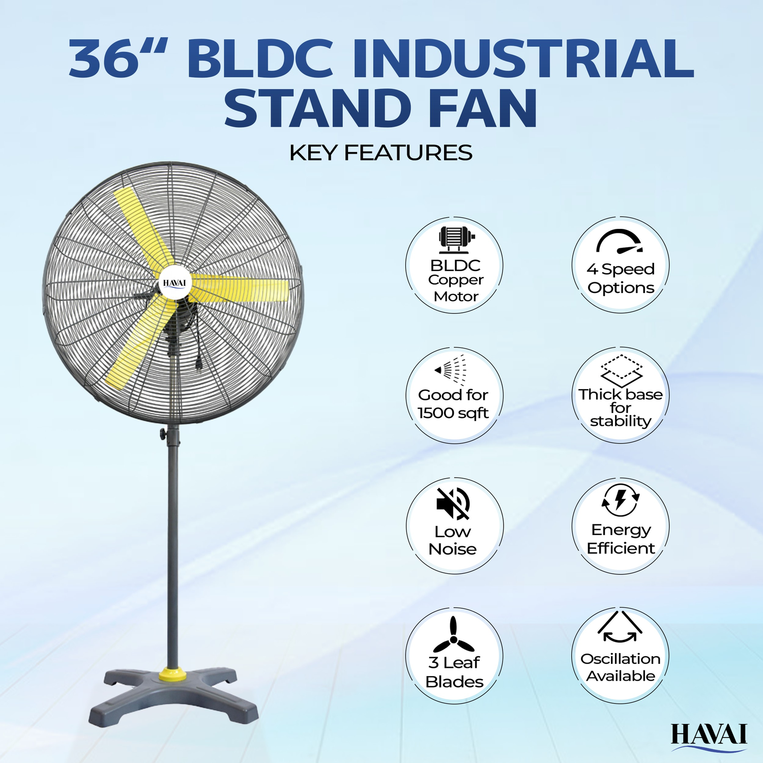 HAVAI BLDC Pedestal Fan 36 inch, 50% Savings on Electricity, High Velocity, Heavy Duty Metal for Industrial, Commercial and Residential Use, Assembly Included