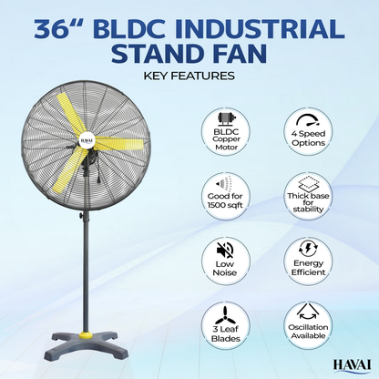 HAVAI BLDC Pedestal Fan 36 inch, 50% Savings on Electricity, High Velocity, Heavy Duty Metal for Industrial, Commercial and Residential Use, Assembly Included