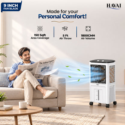 Havai Elite 9 Personal Air Cooler, 35L Tank, 3-Side Honeycomb, Glass Top 9-inch blade, 1800 CMH, 5-ft air throw, 75W power