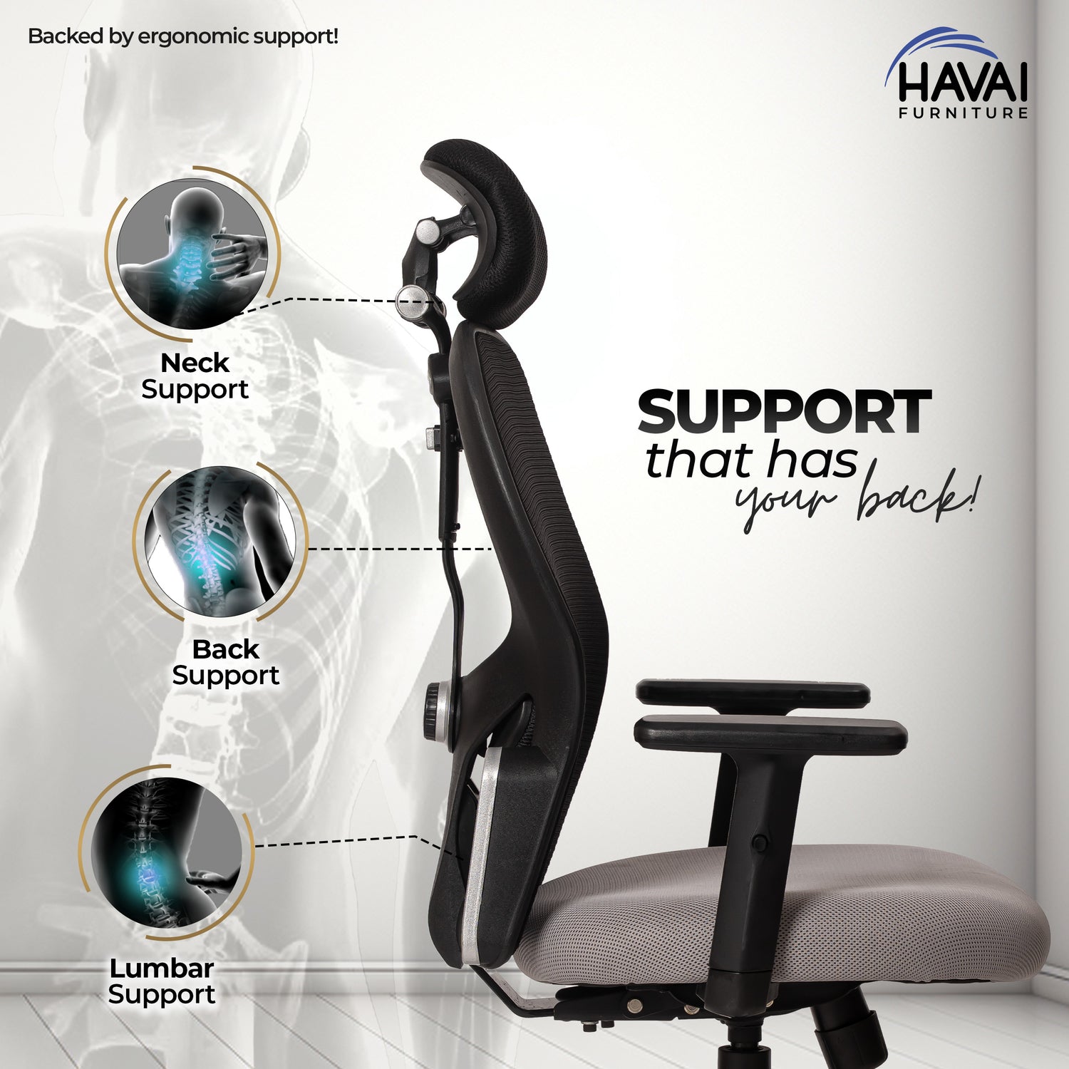 HAVAI Tauras Lean Back High Back Mesh Ergonomic Office Chair | Single Lock Synchro Tilt | Nylon Base | Class 4 Gaslift | 1D Adjustable Armrests | 50mm Casters | Premium Mesh Back &amp; Fabric Seat