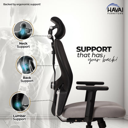 HAVAI Tauras Lean Back High Back Mesh Ergonomic Office Chair | Single Lock Synchro Tilt | Nylon Base | Class 4 Gaslift | 1D Adjustable Armrests | 50mm Casters | Premium Mesh Back &amp; Fabric Seat