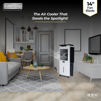 HAVAI Premium Glass Top GT 14 Air Cooler | 60L Tank Capacity | 14" Fan Blade | 170W Power | 20ft Air Throw | 3-Side Honeycomb Cooling | Sleek Glass Top Design | 4 Castor Wheels