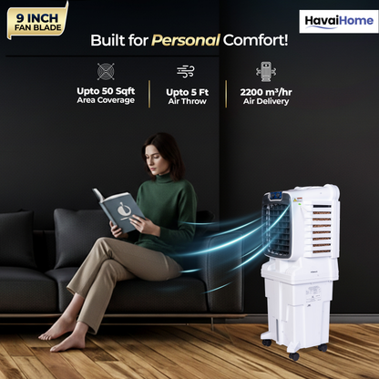 HAVAI Arizona 9 Personal Air Cooler | 9-Inch Blade | 25L Tank | 3-Side Honeycomb Pads | Motorised Louvers | White