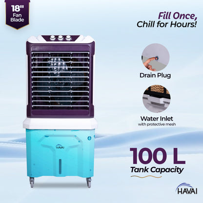 HAVAI Arizona 18 High Airflow Desert Cooler | 18” Metal Fan | 100L Tank | 3500 m³/hr Air Delivery | 30 ft Air Throw | 3-Side Thick Honeycomb Pads | Double Bearing Low-Noise Motor | Castor Wheels | 1-Year On-Site Warranty