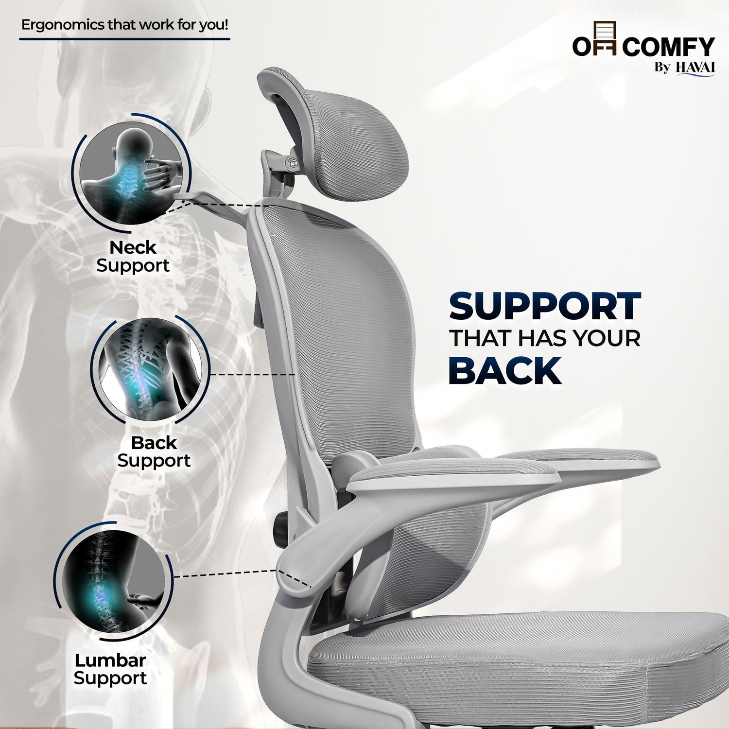 HAVAI Velmora Ergonomic Office Chair | High Back Mesh Chair with Reclining Mechanism, Adjustable Armrest, Headrest &amp; Lumbar Support | Nylon Base &amp; Wheels | Executive/WFH Chair (Grey)