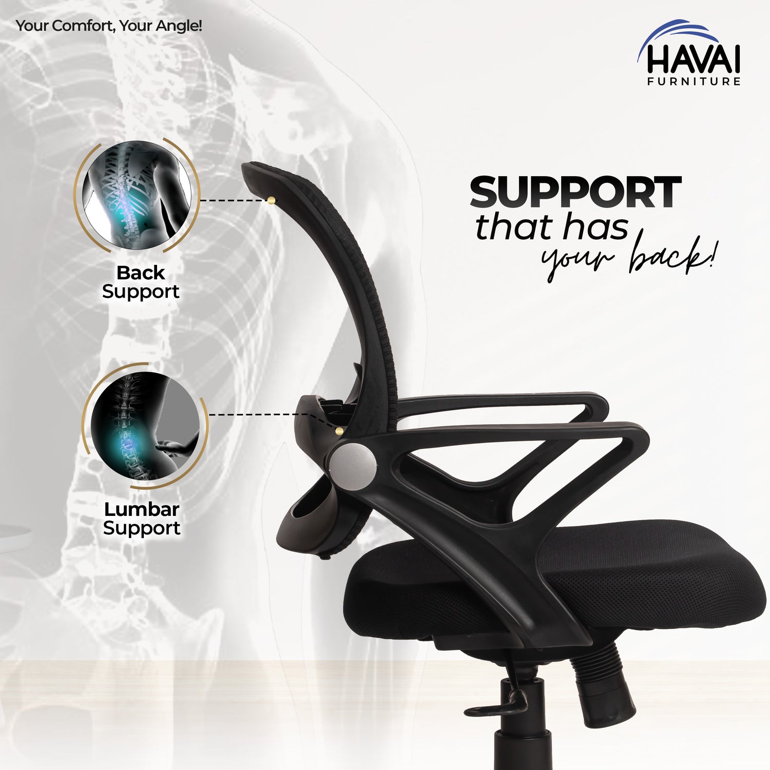 HAVAI Flame Back Low Back Ergonomic Mesh Office Chair |  Single Lock Tilt Mechanism | Mild Steel EPC Base |  Class 4 Gaslift | Fixed Armrests | 50mm Casters | Breathable Mesh Back