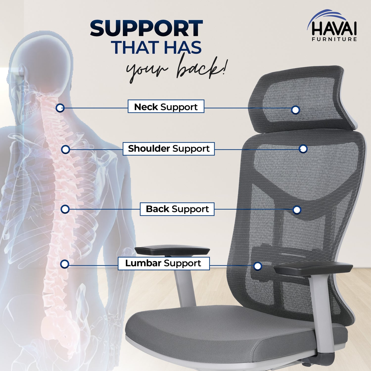 HAVAI Pulse High Back Ergonomic Mesh Office Chair |  Multi-Lock Tilt Mechanism | Chrome Base| Breathable Mesh Back | Fixed Headrest (Grey)