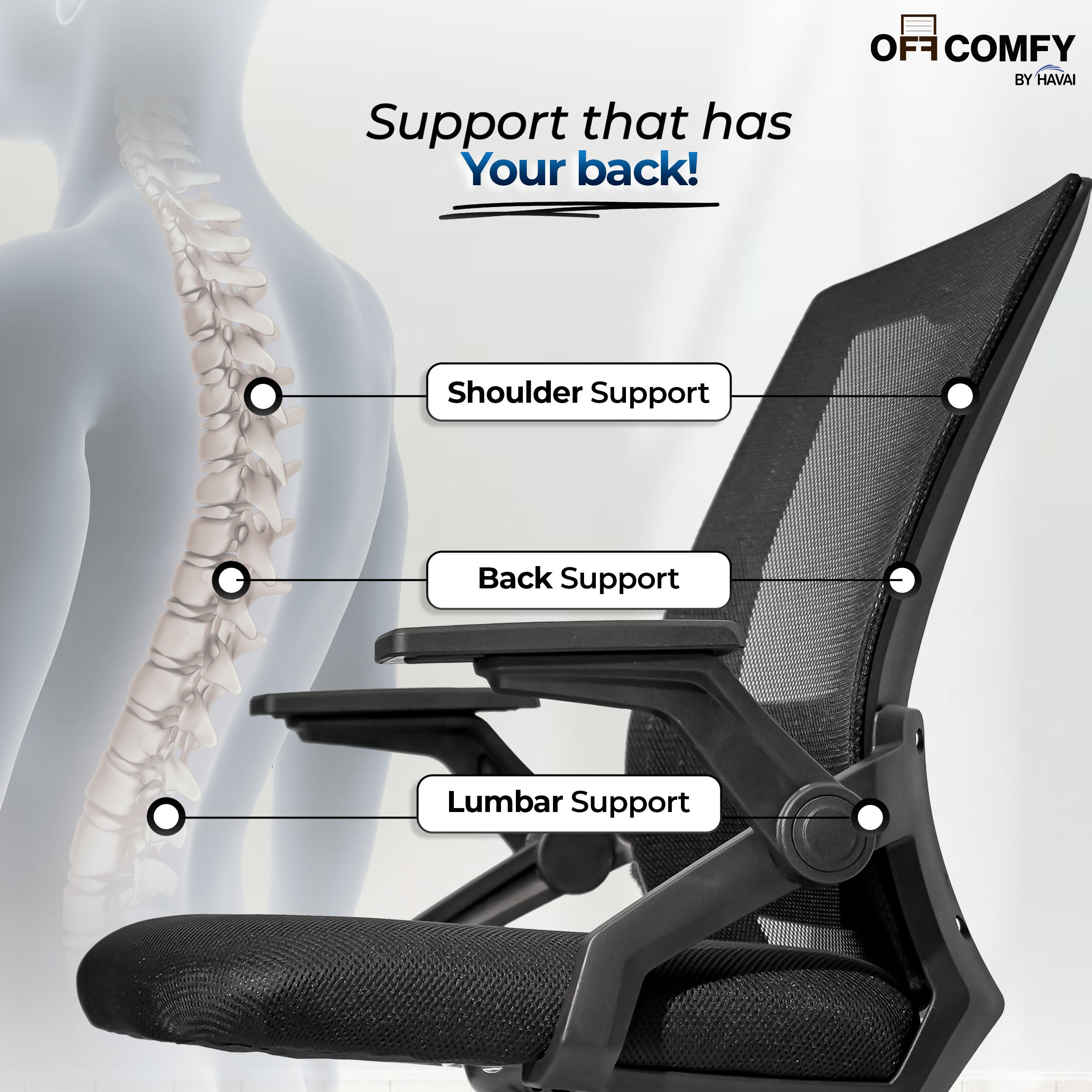 HAVAI Airon Ergonomic Office Chair with Mesh Back | Executive Computer Chair with Reclining &amp; Folding Function | Nylon Armrests | Class 2 Gas Lift | Plywood Base Support | Grey Seat | WFH &amp; Office Use | (Black)