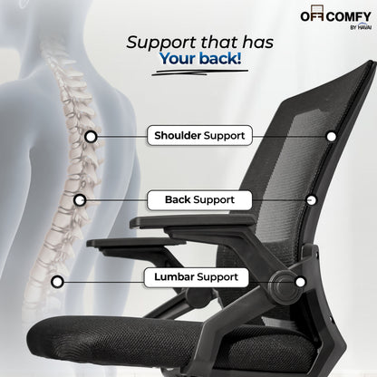 HAVAI Airon Ergonomic Office Chair with Mesh Back | Executive Computer Chair with Reclining &amp; Folding Function | Nylon Armrests | Class 2 Gas Lift | Plywood Base Support | Grey Seat | WFH &amp; Office Use | (Black)