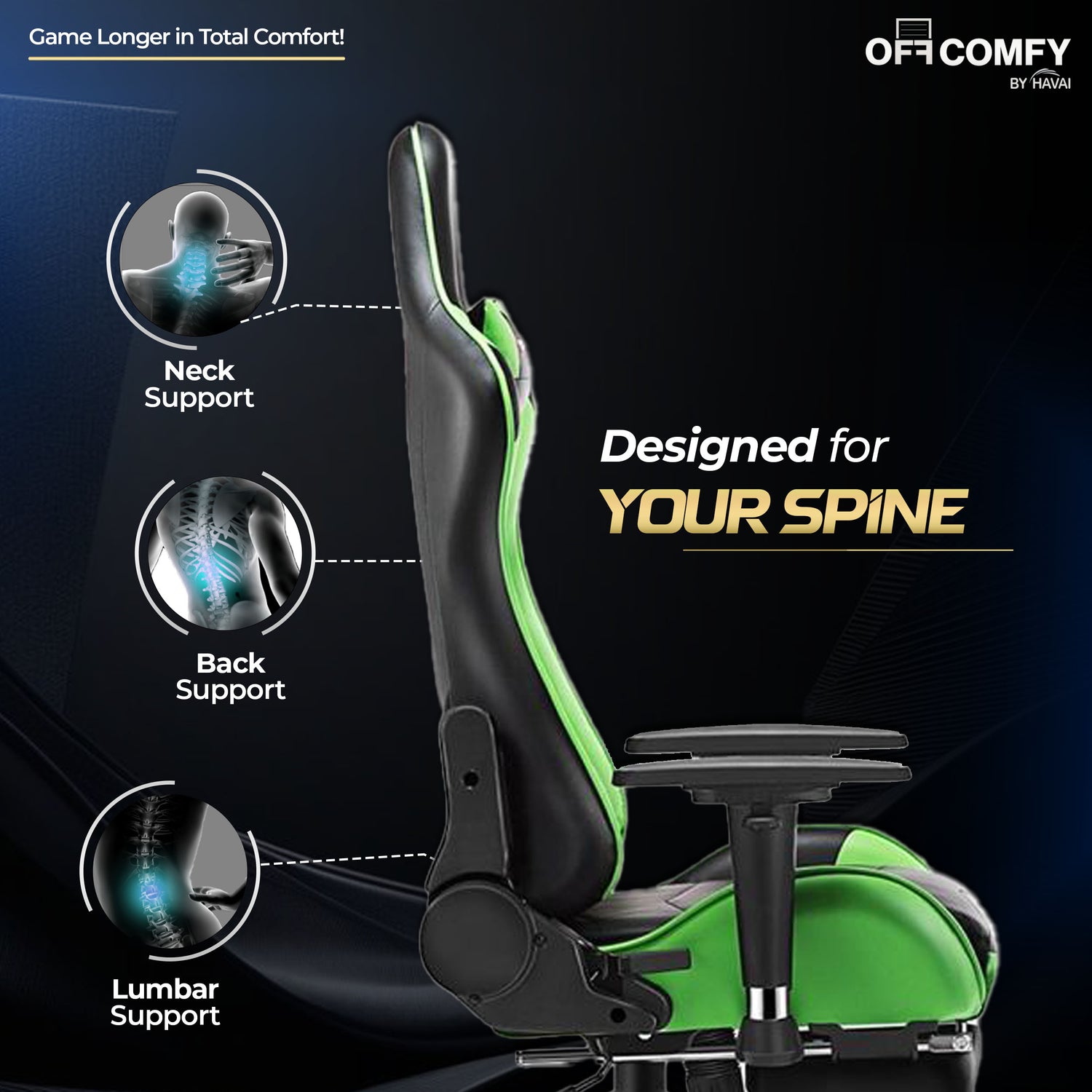 HAVAI Vortex GREEN Gaming Chair | Ergonomic High Back Computer Chair with Linkage Armrests | Reclining &amp; Folding Backrest | Premium 0.55mm PVC Upholstery | High Density Foam Cushion | Class 1 Gas Lift | 320mm Nylon Base | (Green &amp; Black)