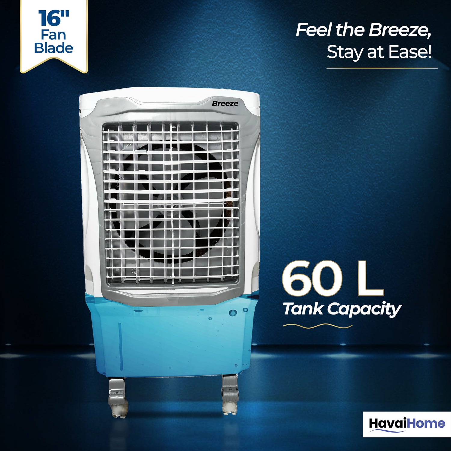 Breeze 60L Desert Air Cooler | 16" Fan Blade | 60L Tank Capacity | 500 Sq. Ft. Coverage | Auto Swing | Back Honeycomb Pads | White &amp; Grey