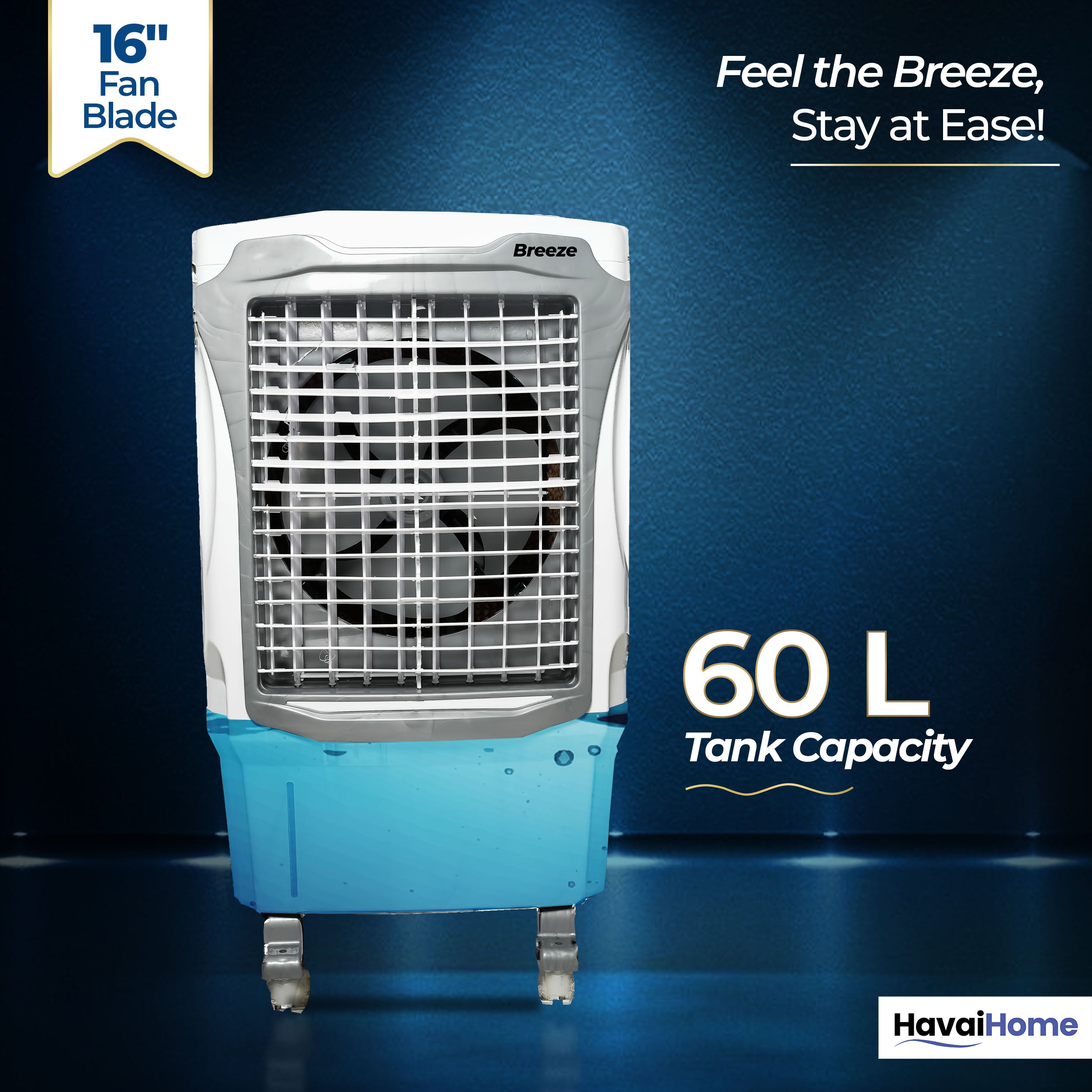 Breeze 60L Desert Air Cooler | 16" Fan Blade | 60L Tank Capacity | 500 Sq. Ft. Coverage | Auto Swing | Back Honeycomb Pads | White &amp; Grey