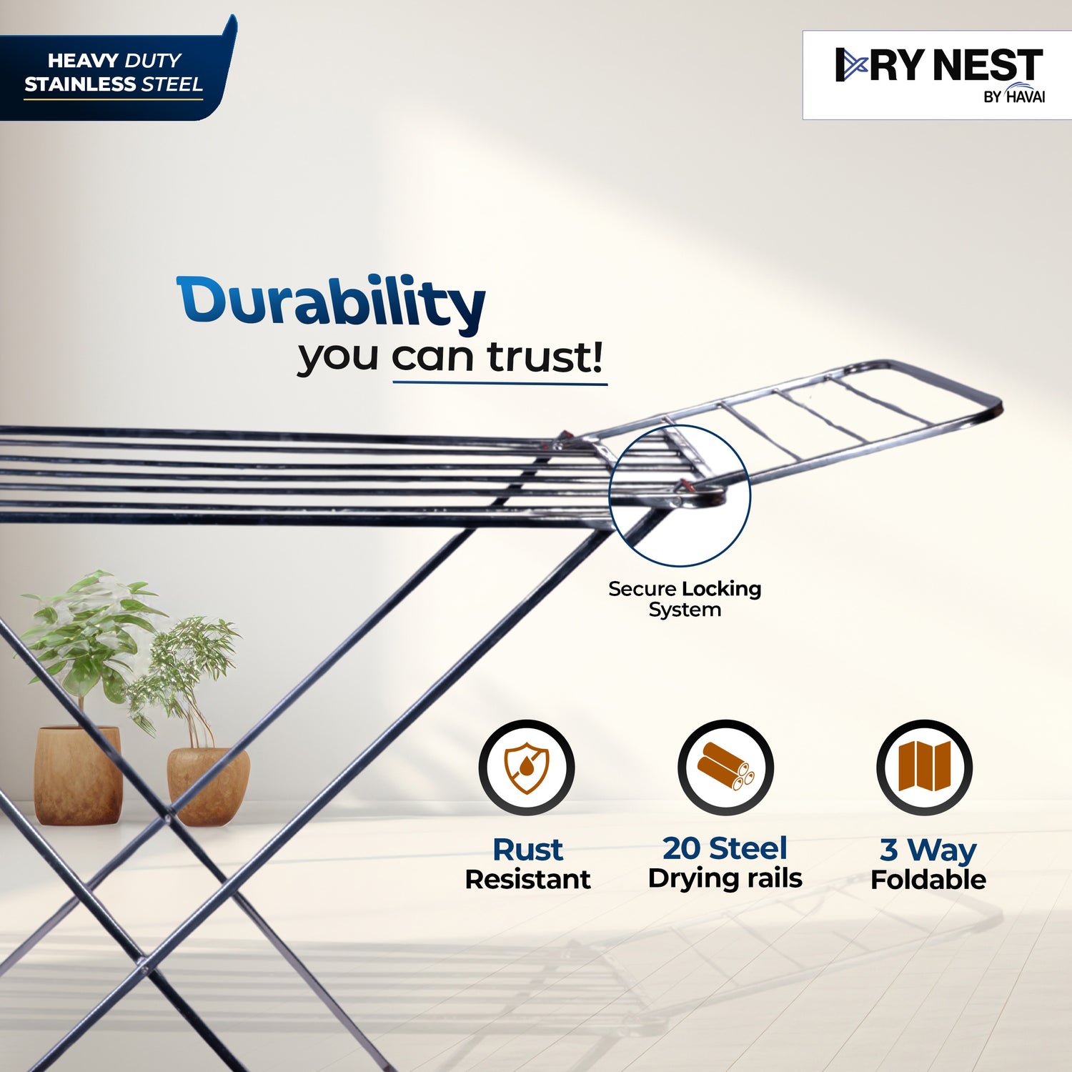 DryNest by HAVAI – 3.5 KG Premium Clothes Drying Stand | 3-Way Foldable Airer | 20 Rust-Free Steel Drying Rails | Heavy-Duty &amp; Portable | 1-Year Warranty | Balcony &amp; Indoor Friendly