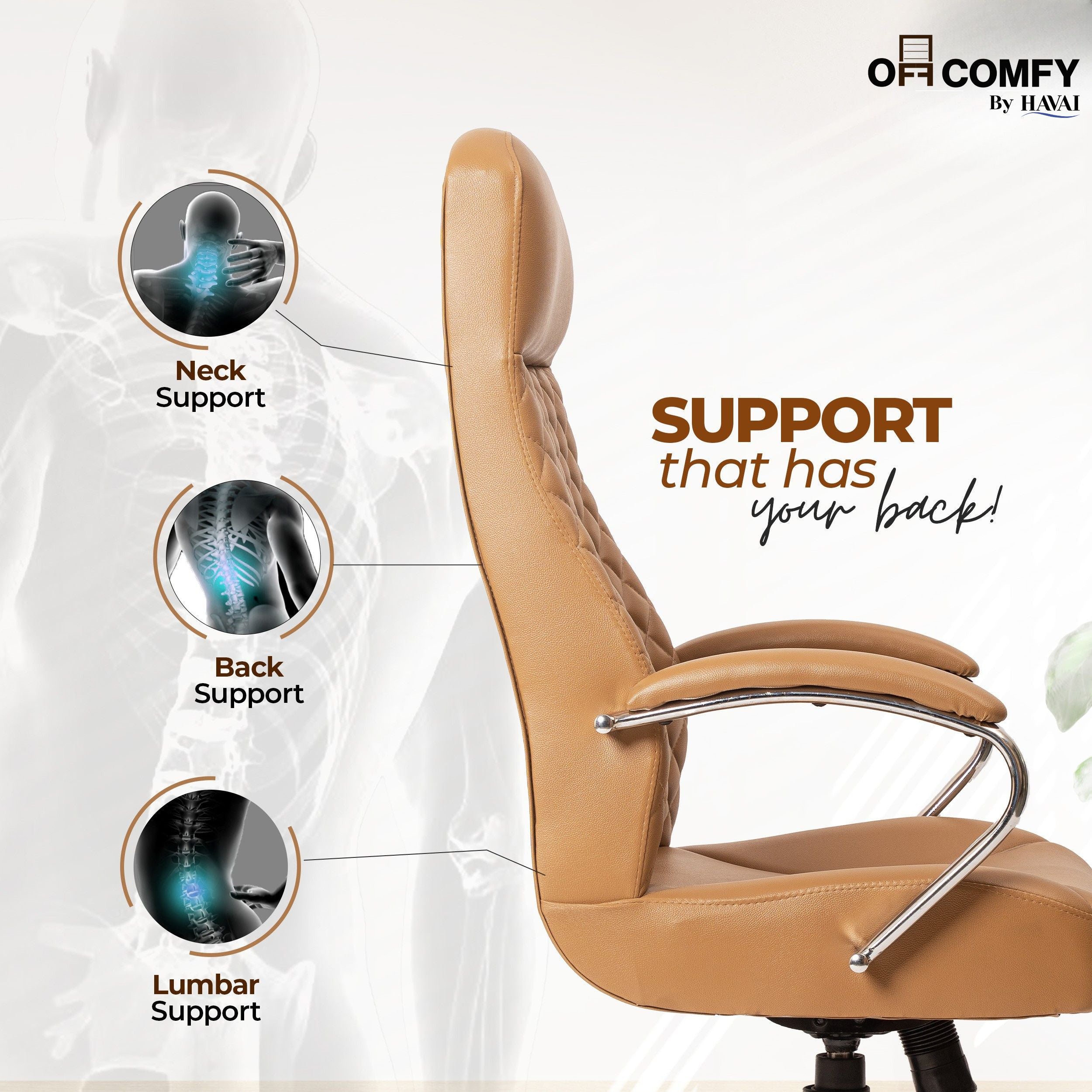 Prime High Back Office Chair | Ergonomic Executive Chair |  Premium Leather | Single Lock Tilt Mechanism |  Mild Steel Chrome Base &amp; Arms | Class 4 Gaslift |  50mm Casters | High-Density Back &amp; Seat Cushion (Camel)