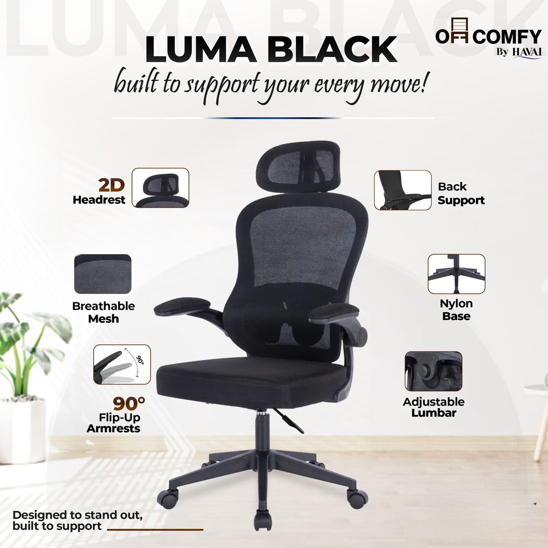 HAVAI LUMA BLACK Ergonomic Mesh Office Chair | Mid Back | Breathable Net Fabric | Height Adjustable | Class 2 Gas Lift | Nylon Base | Smooth Wheels | WFH &amp; Office (BLACK)