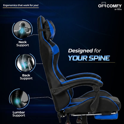 HAVAI Vortex BLUE Gaming Chair | Ergonomic High Back Computer Chair with Linkage Armrests | Reclining &amp; Folding Backrest | Premium 0.55mm PVC Upholstery | High Density Foam Cushion | Class 1 Gas Lift | 320mm Nylon Base | Heavy Duty Wheels | (Blue &amp; Black)
