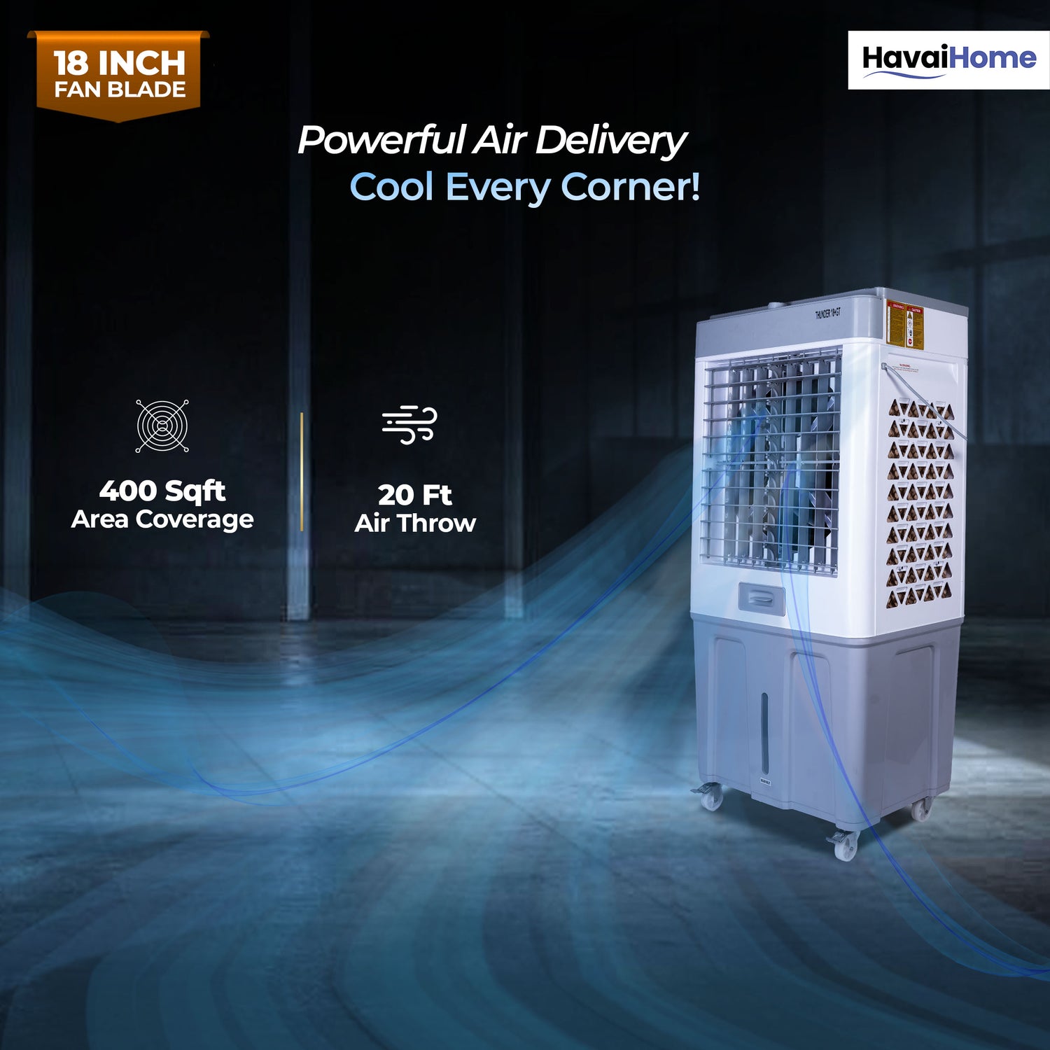 HAVAI Thunder 18+ GT Desert Cooler | 18” Aluminium Blade | 100L Tank | 3-Side Honeycomb Pads | 20 Ft Air Throw | Heavy-Duty 110mm Motor | Auto Swing | White &amp; Grey