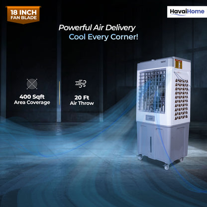 HAVAI Thunder 18+ GT Desert Cooler | 18” Aluminium Blade | 100L Tank | 3-Side Honeycomb Pads | 20 Ft Air Throw | Heavy-Duty 110mm Motor | Auto Swing | White &amp; Grey